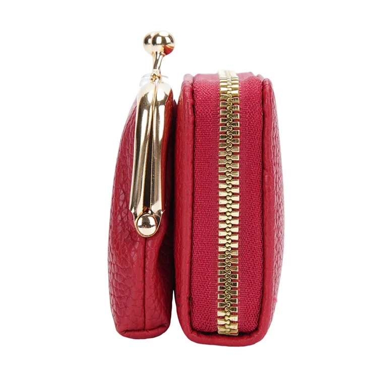 BAELLERRY N8630 Textura Litchi Cuero de PU Monedero de Mujer Cremallera Organ Card Bag - Rojo