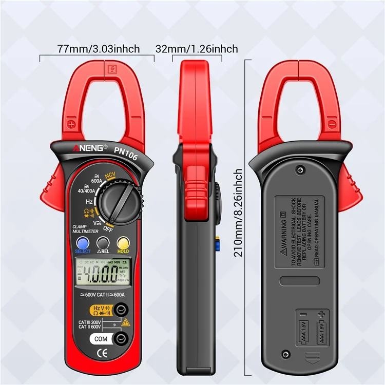 ANENG PN106 AC / DC Clamp Current Multimeter Digital Display 4000 Counts Pliers Meter with Lanyard