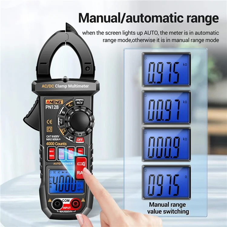 Aneng PN128 AC / DC Clamp Current Multímetro 4000 Conteo NCV Medida de Inducción de Alicates Tester Con Linterna - Negro