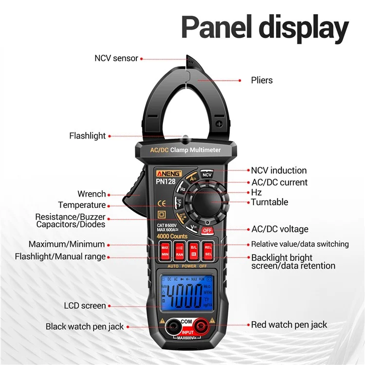 Aneng PN128 ac / DC -klemmstrom Multimeter 4000 Graf NCV -induktionsmessungstester Mit Taschenlampe - Schwarz