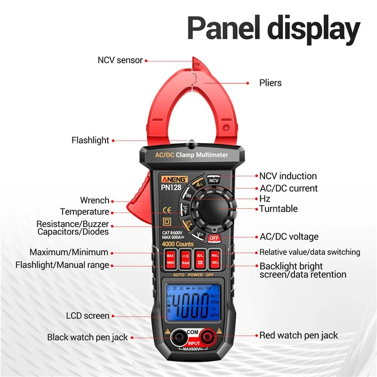 ANENG PN128 AC / DC Klemme Stromvielfach-Multimeter 4000 Zähler NCV Induktionsmessung Zangentester mit Taschenlampe - Rot