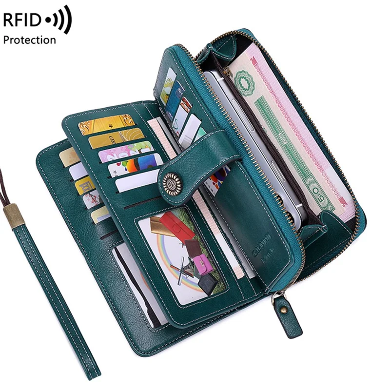 CHARM INFINITE Portafoglio lungo in pelle cerata PU con blocco RFID e tracolla - Blu pavone