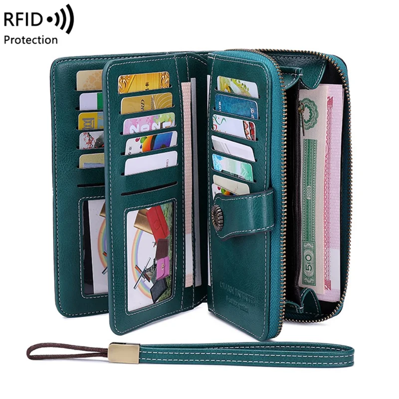 CHARM INFINITE Portafoglio lungo in pelle cerata PU con blocco RFID e tracolla - Blu pavone