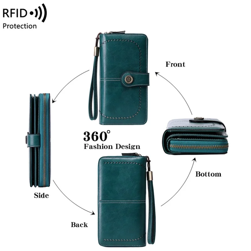 CHARM INFINITE Portafoglio lungo in pelle cerata PU con blocco RFID e tracolla - Blu pavone