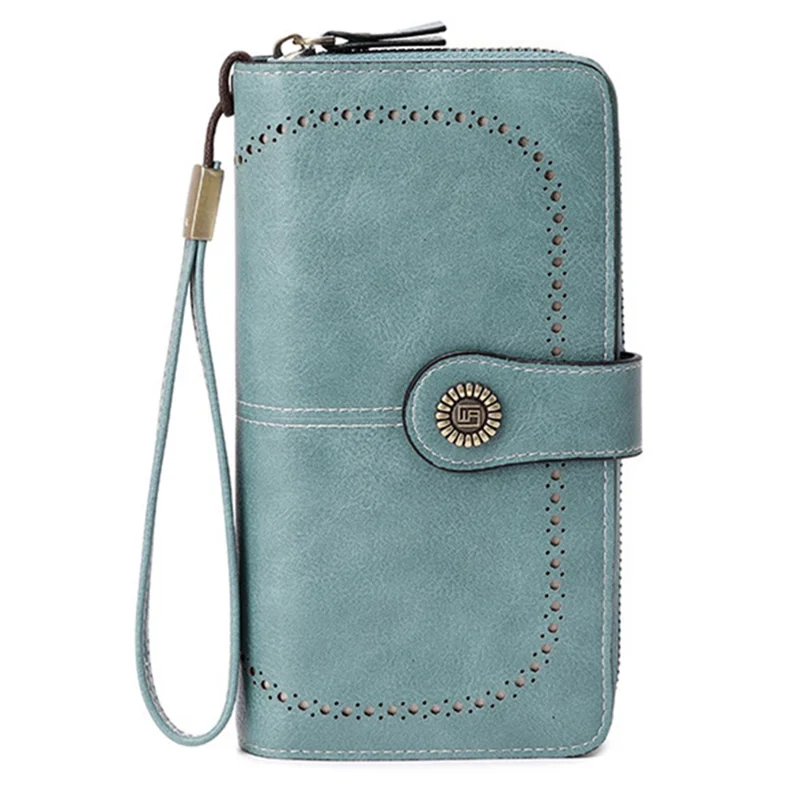 CHARM INFINITE Waxy PU Leather RFID Blocking Long Wallet Cellphone Purse with Wrist Strap - Baby Blue