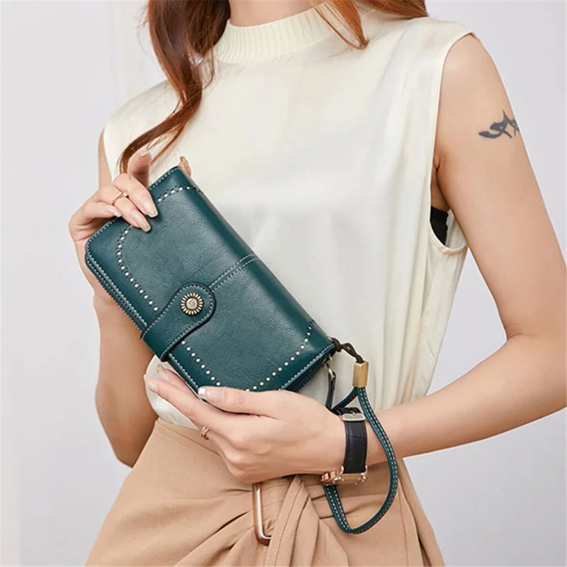 CHARM INFINITE Waxy PU Leather RFID Blocking Long Wallet Cellphone Purse with Wrist Strap - Baby Blue