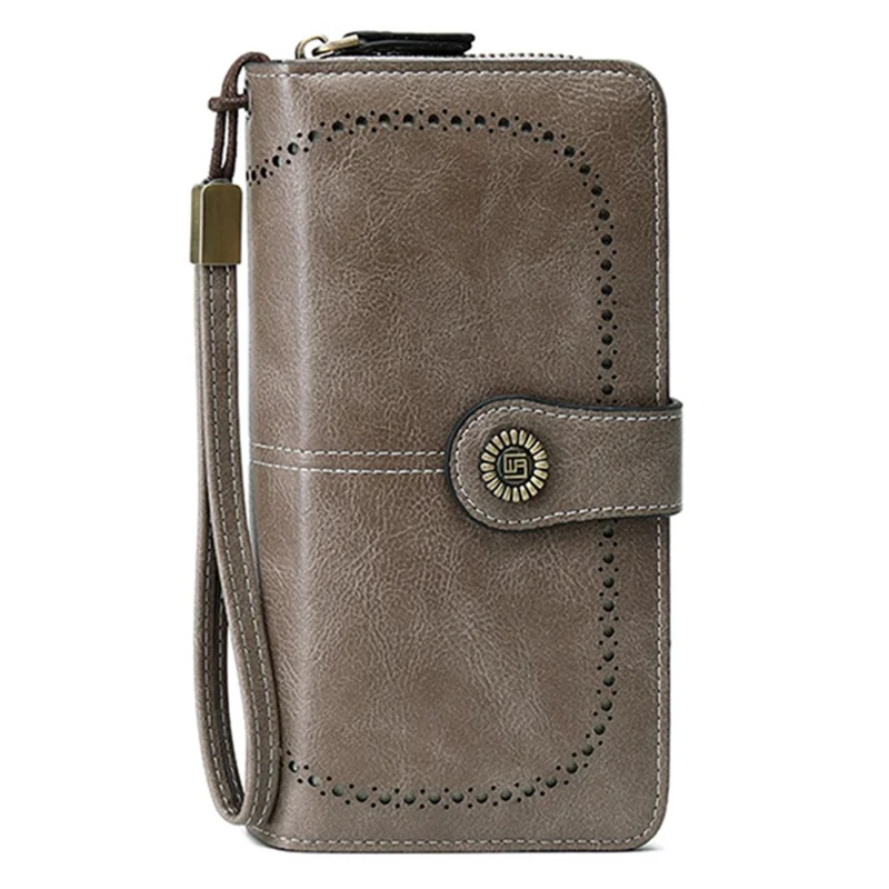 CHARM INFINITE Waxy PU Leather RFID Blocking Long Wallet Cellphone Purse with Wrist Strap - Grey