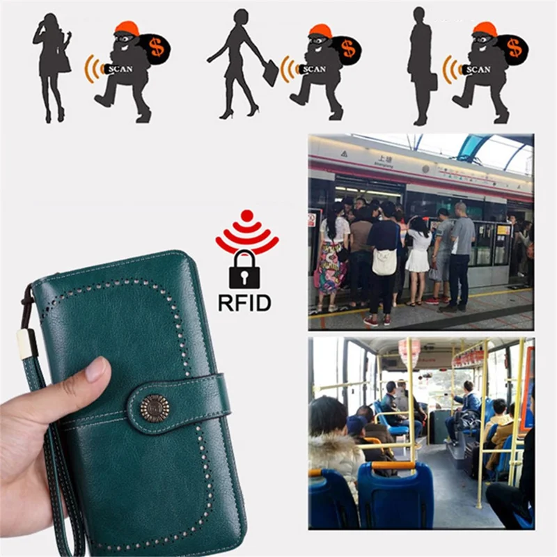 CHARM INFINITE Waxy PU Leather RFID Blocking Long Wallet Cellphone Purse with Wrist Strap - Grey