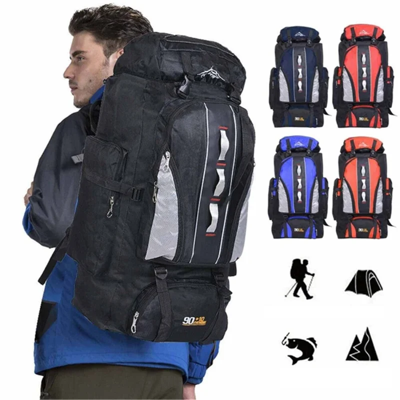 90L+10L Waterproof Nylon Large Capacity Outdoor Climbing Backpack Travel Camping Hiking Rucksack - Black