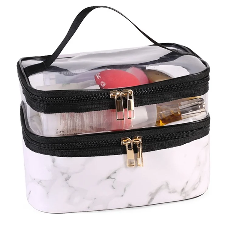 Dual Layer Pattern Cosmetic Bag Transparent PVC Toiletry Bag Zipper Makeup Organizer - White Marble