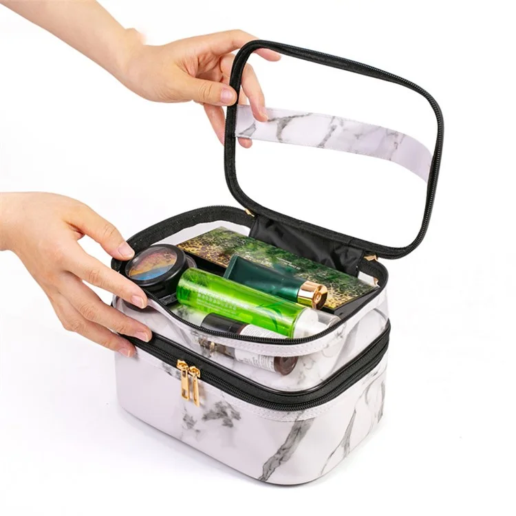 Dual Layer Pattern Cosmetic Bag Transparent PVC Toiletry Bag Zipper Makeup Organizer - White Marble