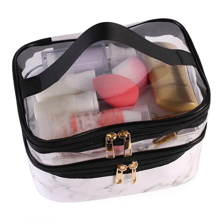 Dual Layer Pattern Cosmetic Bag Transparent PVC Toiletry Bag Zipper Makeup Organizer - White Marble
