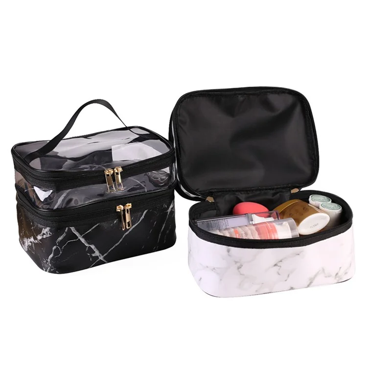 Dual Layer Pattern Cosmetic Bag Transparent PVC Toiletry Bag Zipper Makeup Organizer - White Marble