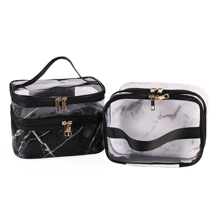 Dual Layer Pattern Cosmetic Bag Transparent PVC Toiletry Bag Zipper Makeup Organizer - White Marble