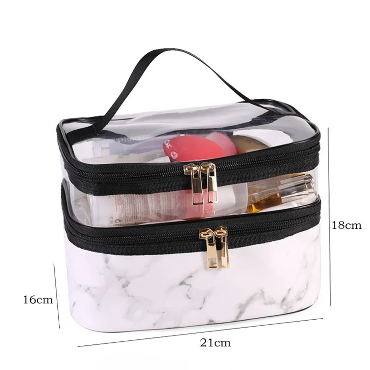 Dual Layer Pattern Cosmetic Bag Transparent PVC Toiletry Bag Zipper Makeup Organizer - White Marble