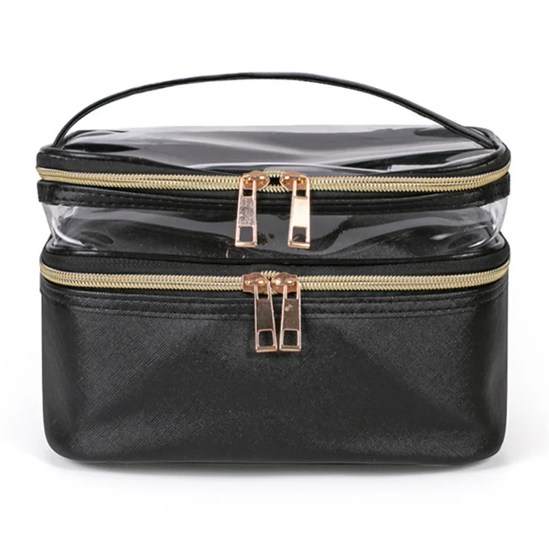 Dual Layer Pattern Cosmetic Bag Transparent PVC Toiletry Bag Zipper Makeup Organizer - Black Cross Texture