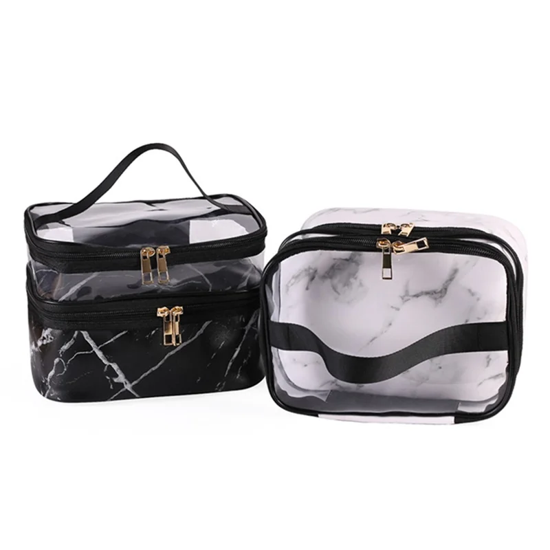 Dual Layer Pattern Cosmetic Bag Transparent PVC Toiletry Bag Zipper Makeup Organizer - Black Cross Texture