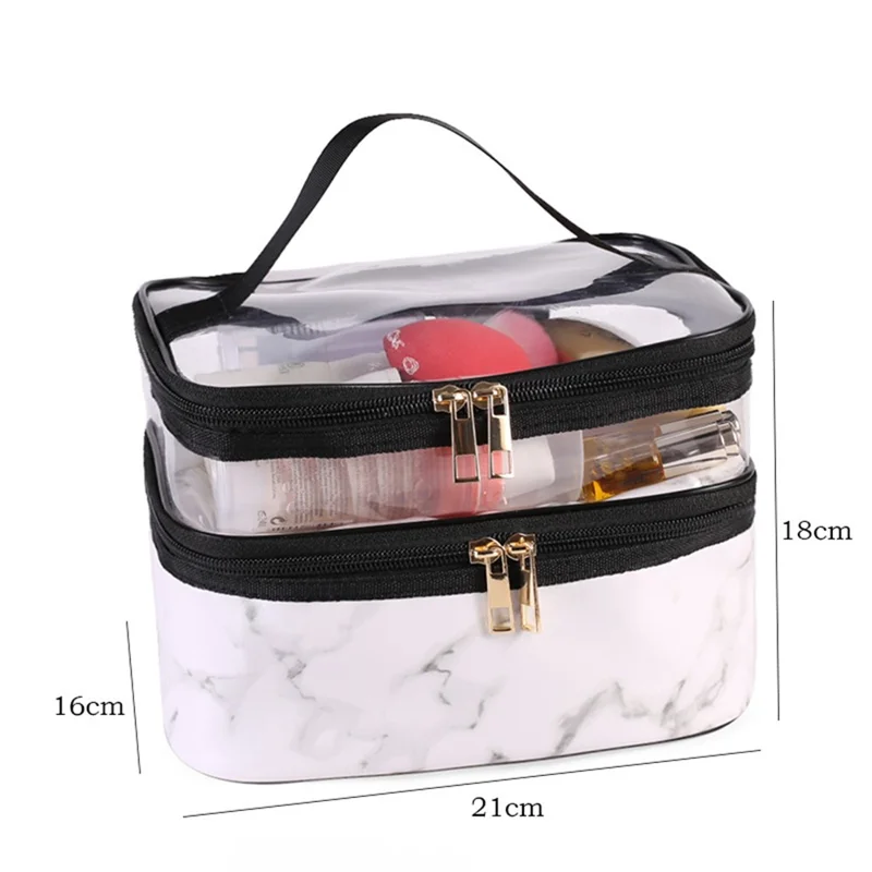 Dual Layer Pattern Cosmetic Bag Transparent PVC Toiletry Bag Zipper Makeup Organizer - Black Cross Texture