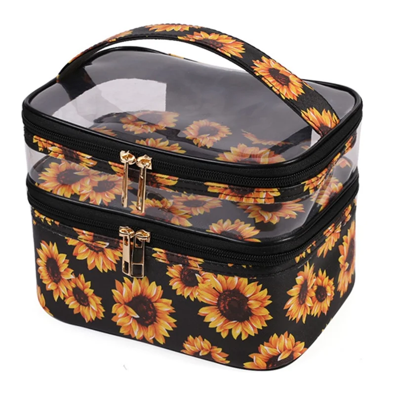 Dual Layer Pattern Cosmetic Bag Transparent PVC Toiletry Bag Zipper Makeup Organizer - Sunflower