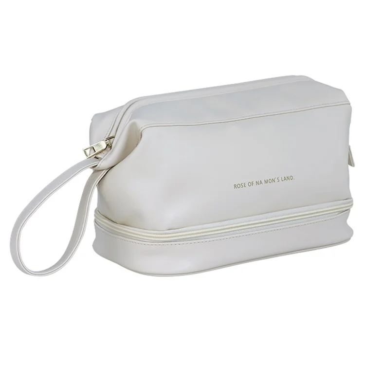 Dual-Layer Makeup Organization Bag Cosmetic Storage Pouch Portable PU Leather Travel Toiletry Organizer Bag, Size: L - White