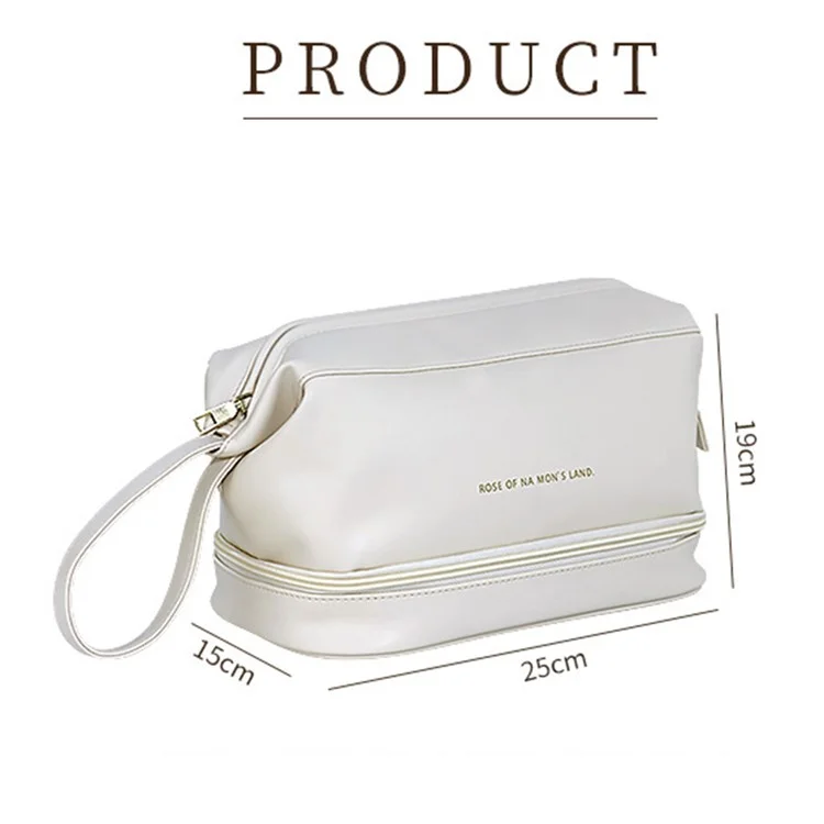 Dual-Layer Makeup Organization Bag Cosmetic Storage Pouch Portable PU Leather Travel Toiletry Organizer Bag, Size: L - White