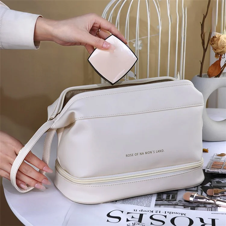 Dual-Layer Makeup Organization Bag Cosmetic Storage Pouch Portable PU Leather Travel Toiletry Organizer Bag, Size: L - White