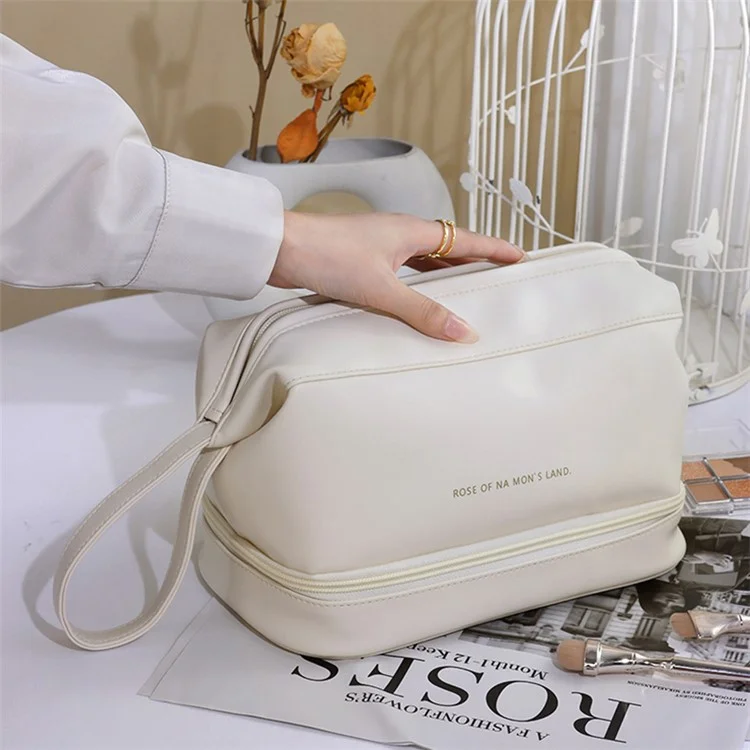 Dual-Layer Makeup Organization Bag Cosmetic Storage Pouch Portable PU Leather Travel Toiletry Organizer Bag, Size: L - White