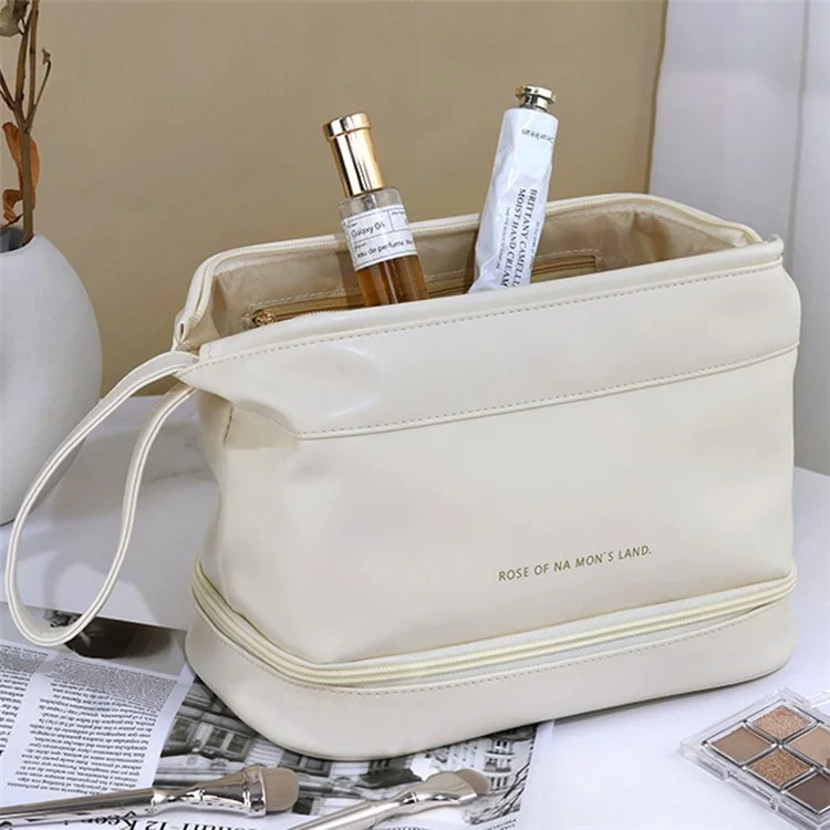 Dual-Layer Makeup Organization Bag Cosmetic Storage Pouch Portable PU Leather Travel Toiletry Organizer Bag, Size: L - White