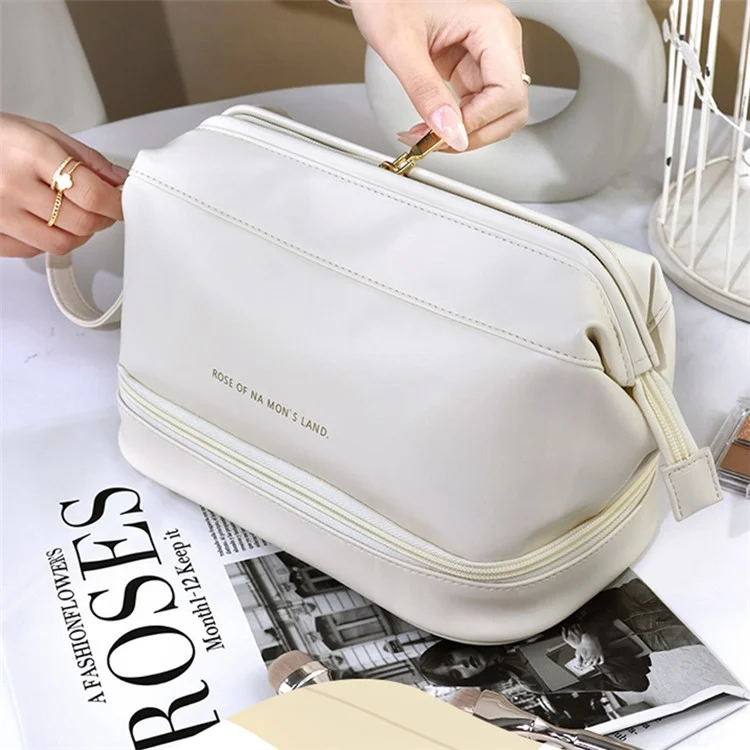 Dual-Layer Makeup Organization Bag Cosmetic Storage Pouch Portable PU Leather Travel Toiletry Organizer Bag, Size: L - White