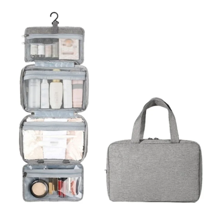 13552A Sac de voyage imperméable en lin type polyester + PVC pour maquillage et produits de toilette - Gris