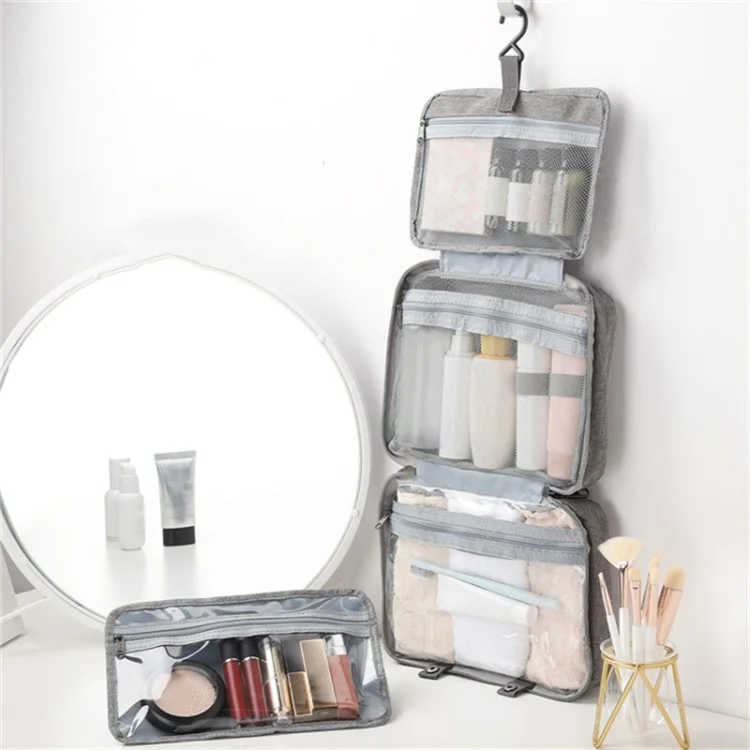13552A Sac de voyage imperméable en lin type polyester + PVC pour maquillage et produits de toilette - Gris