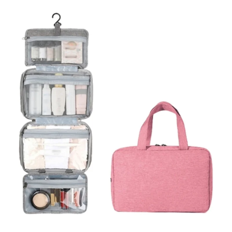 13552A Waterproof Linen Type Polyester+PVC Makeup Cosmetic Bag Travel Organizer Toiletry Bag with Hanging Hook - Pink