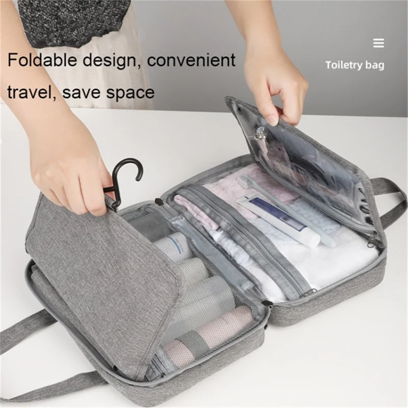13552A Waterproof Linen Type Polyester+PVC Makeup Cosmetic Bag Travel Organizer Toiletry Bag with Hanging Hook - Pink