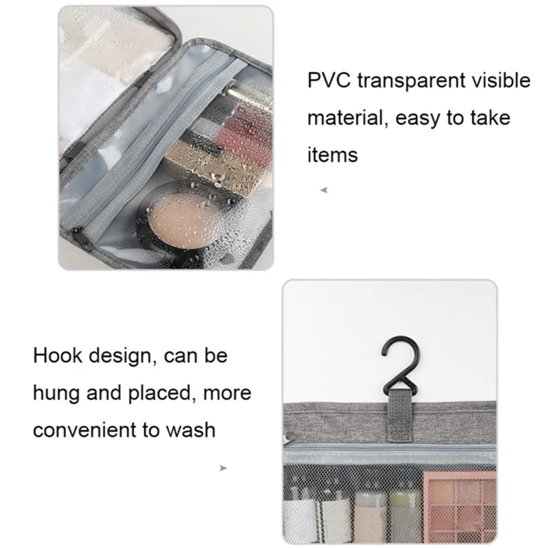 13552A Waterproof Linen Type Polyester+PVC Makeup Cosmetic Bag Travel Organizer Toiletry Bag with Hanging Hook - Pink