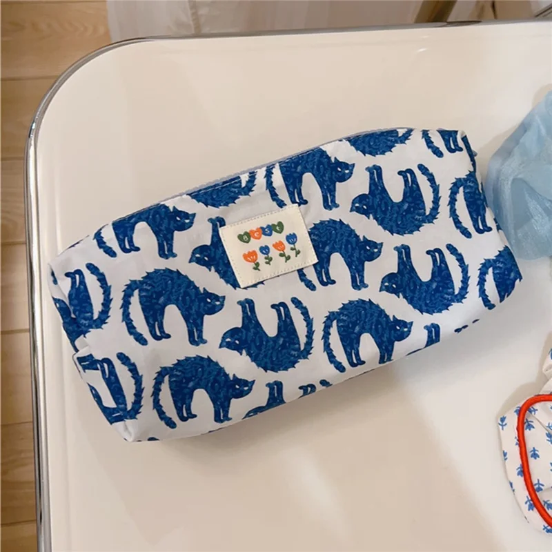Coin Key Toiletries Storage Bag Pattern Cosmetic Organizer Cotton Cloth+Canvas Makeup Pouch - Blue Cat
