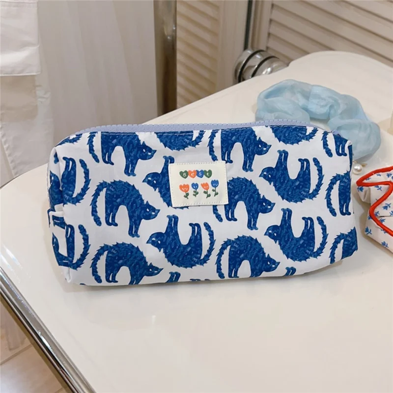 Coin Key Toiletries Storage Bag Pattern Cosmetic Organizer Cotton Cloth+Canvas Makeup Pouch - Blue Cat