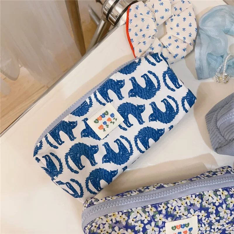 Coin Key Toiletries Storage Bag Pattern Cosmetic Organizer Cotton Cloth+Canvas Makeup Pouch - Blue Cat