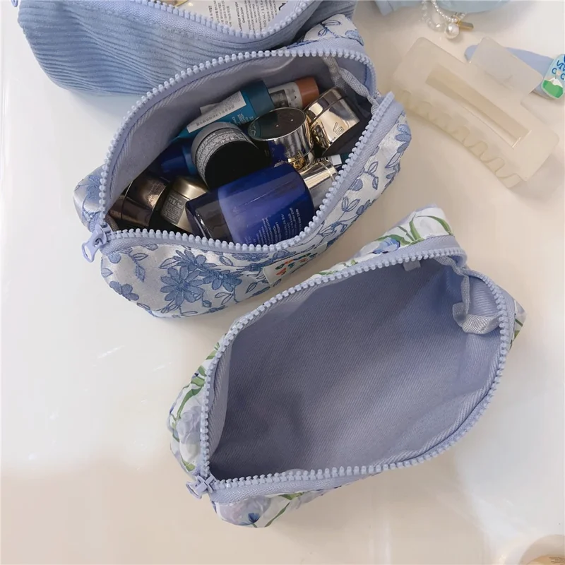 Coin Key Toiletries Storage Bag Pattern Cosmetic Organizer Cotton Cloth+Canvas Makeup Pouch - Blue Cat