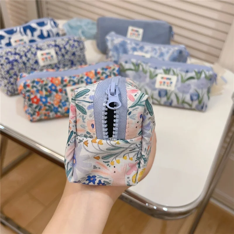 Coin Key Toiletries Storage Bag Pattern Cosmetic Organizer Cotton Cloth+Canvas Makeup Pouch - Blue Cat