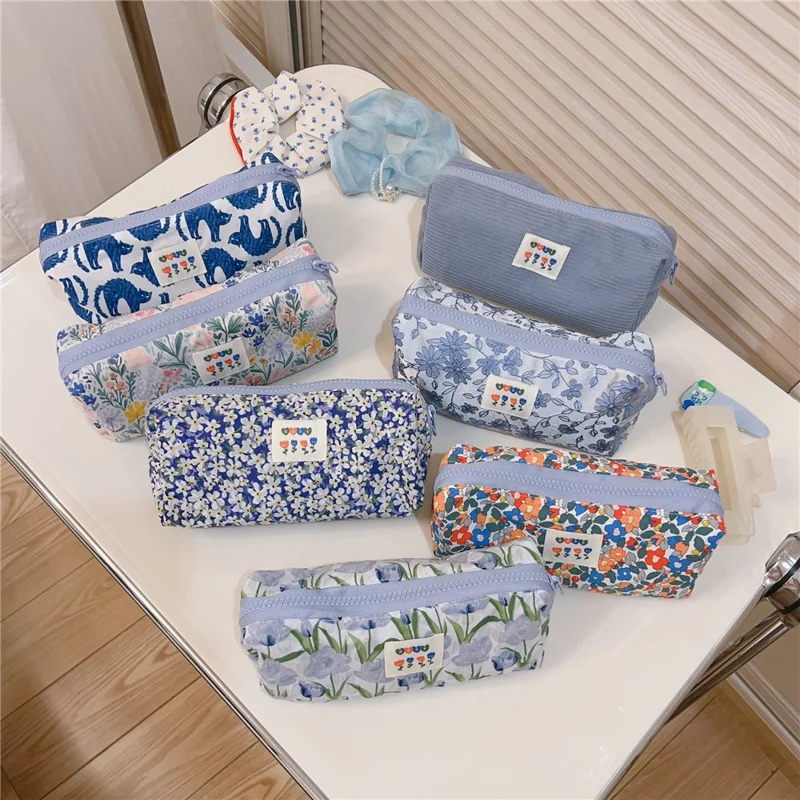 Coin Key Toiletries Storage Bag Pattern Cosmetic Organizer Cotton Cloth+Canvas Makeup Pouch - Blue Cat