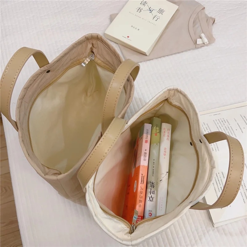 Sac à main style simple Sac de course grande capacité Coton+Spandex+Cuir PU Sac de voyage de stockage à main - Beige