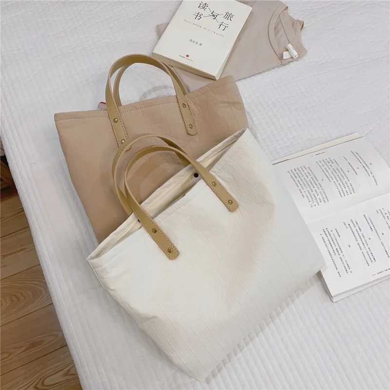 Sac à main style simple Sac de course grande capacité Coton+Spandex+Cuir PU Sac de voyage de stockage à main - Beige
