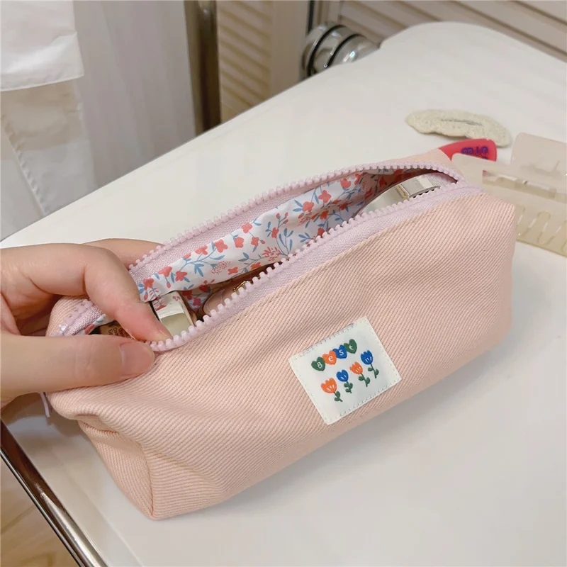 Organizador Cosmético de Design de Padrão Caneta Moeda Chave Bolsa de Armazenamento de Artigos de Higiene Pessoal Pano de Algodão + Lona Bolsa de Maquiagem - Textura Sarja