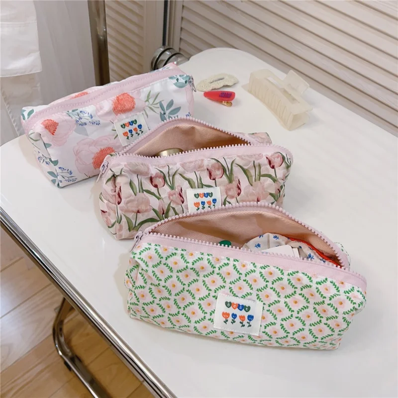 Organizador Cosmético de Design de Padrão Caneta Moeda Chave Bolsa de Armazenamento de Artigos de Higiene Pessoal Pano de Algodão + Lona Bolsa de Maquiagem - Textura Sarja
