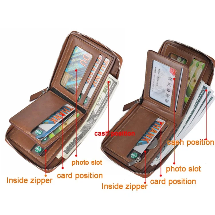 DEABOLAR Carteira Curta Masculina RFID Blocking Vintage PU Leather Zipper Card Bag - Marrom
