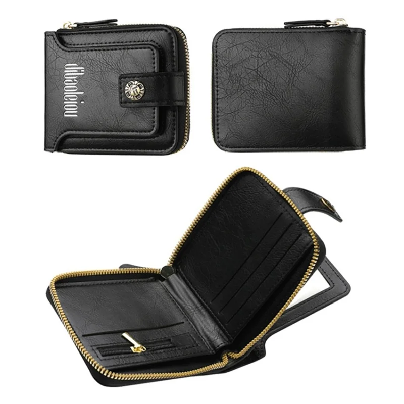 DEABOLAR Retro PU Leather Men Short Wallet Zipper Cards Cash Coins Holder Bag - Black
