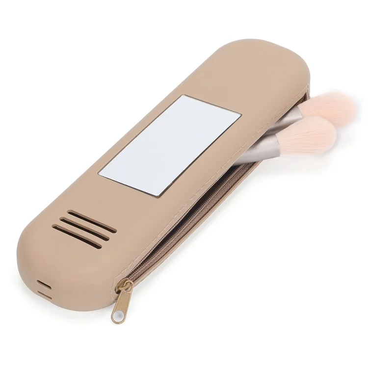 Travel Makeup Brush Holder Mirror Design Portable Silicone Cosmetic Bag Zipper Case (without Lanyard) - Khaki