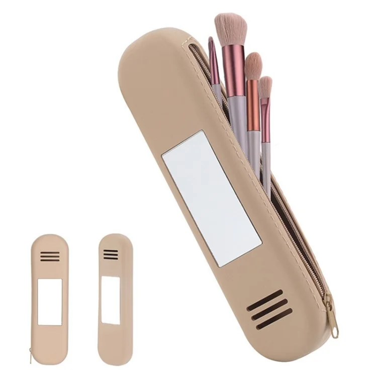 Travel Makeup Brush Holder Mirror Design Portable Silicone Cosmetic Bag Zipper Case (without Lanyard) - Khaki