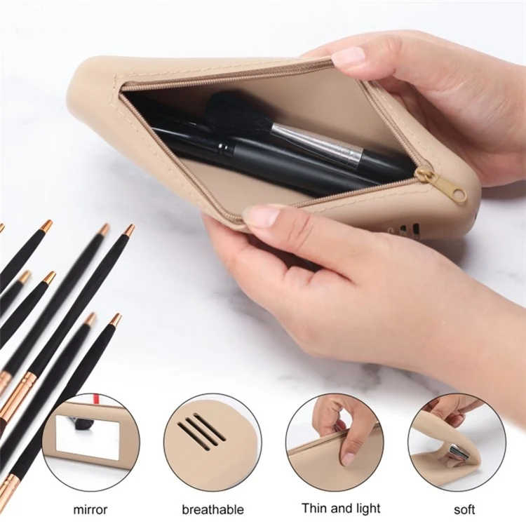 Travel Makeup Brush Holder Mirror Design Portable Silicone Cosmetic Bag Zipper Case (without Lanyard) - Khaki