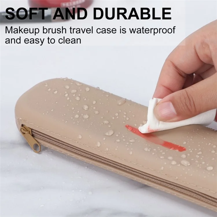 Travel Makeup Brush Holder Mirror Design Portable Silicone Cosmetic Bag Zipper Case (without Lanyard) - Khaki